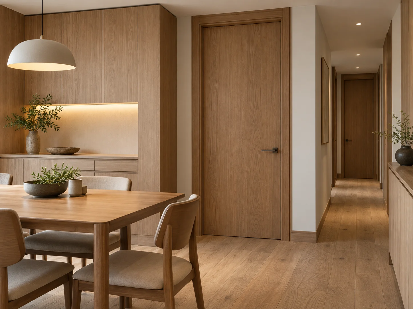 Apartment door coordinated with cabinetry and wood wall finishes