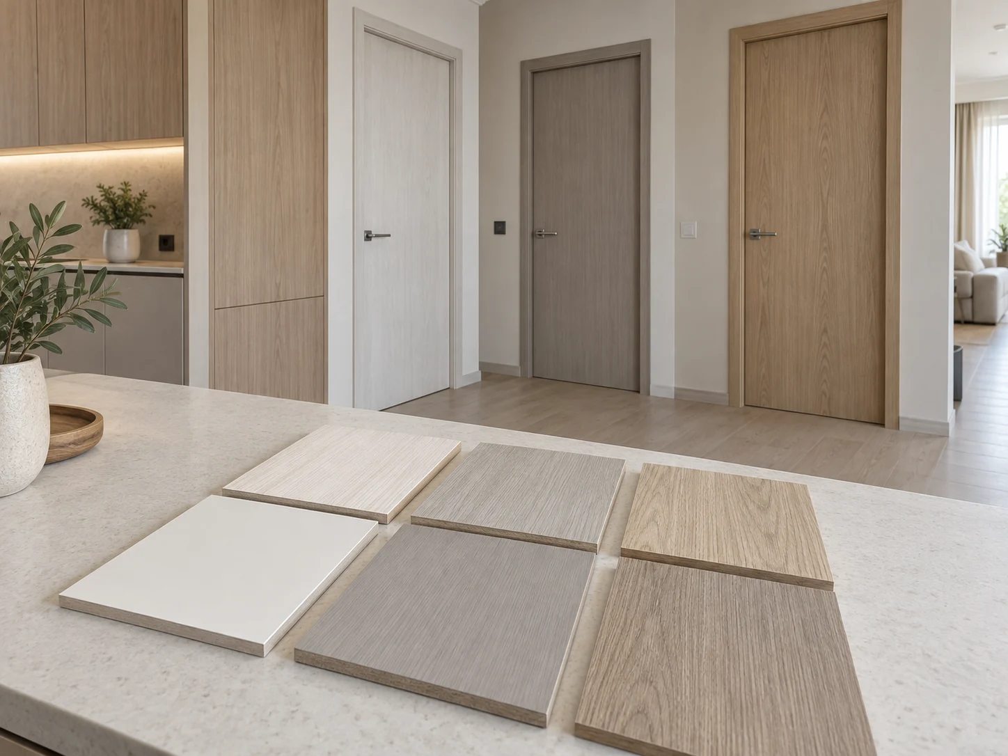Neutral and woodgrain physical finish samples for an apartment interior