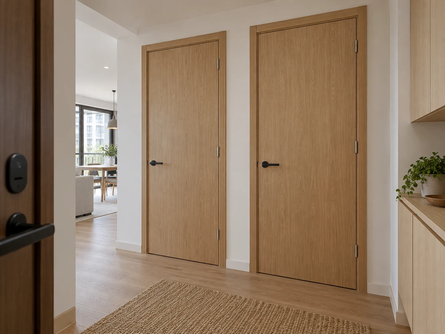 Two full-height wood doors in an apartment entrance hall