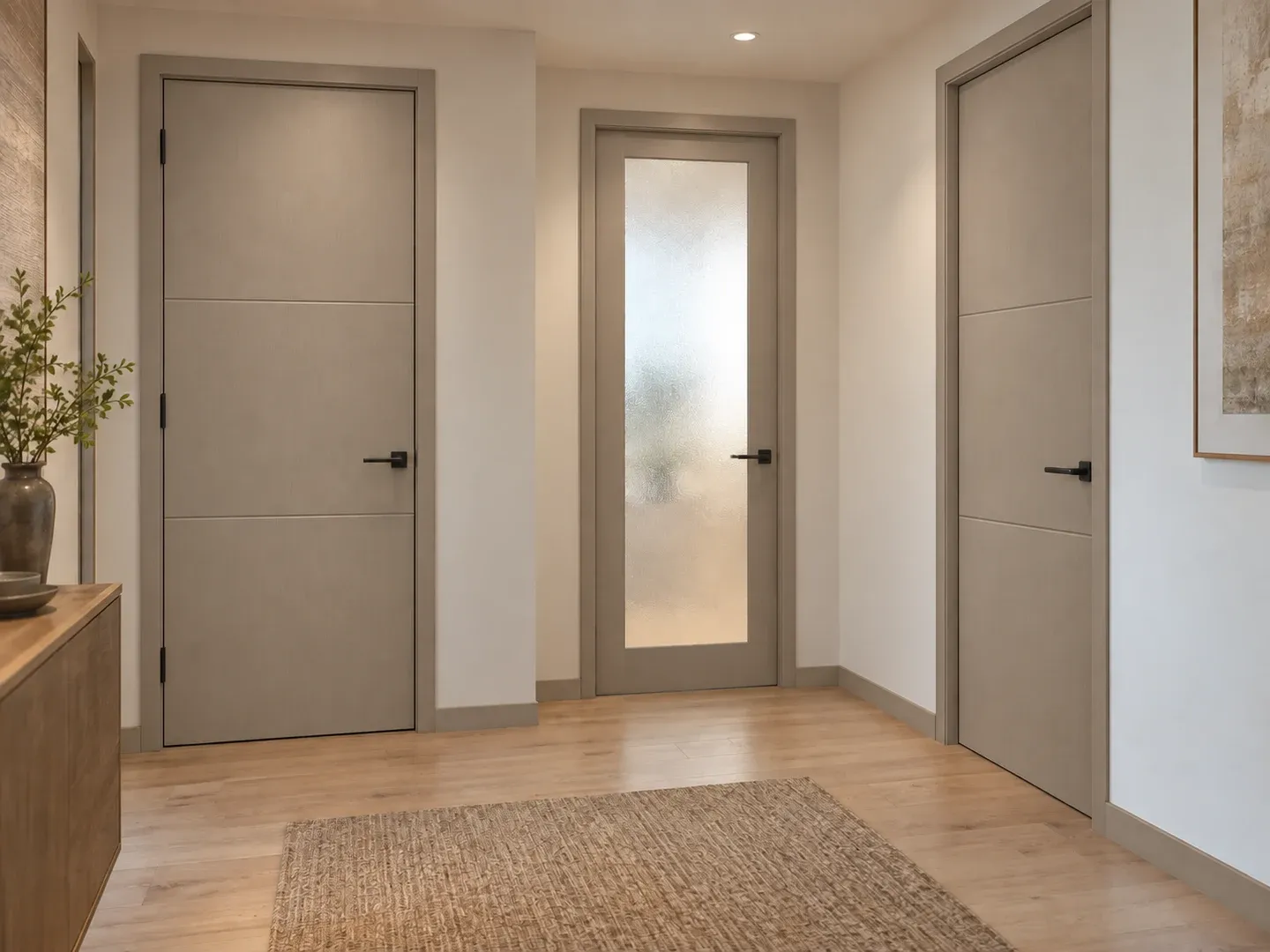 Greige apartment doors with horizontal line details and a coordinated frosted-glass opening