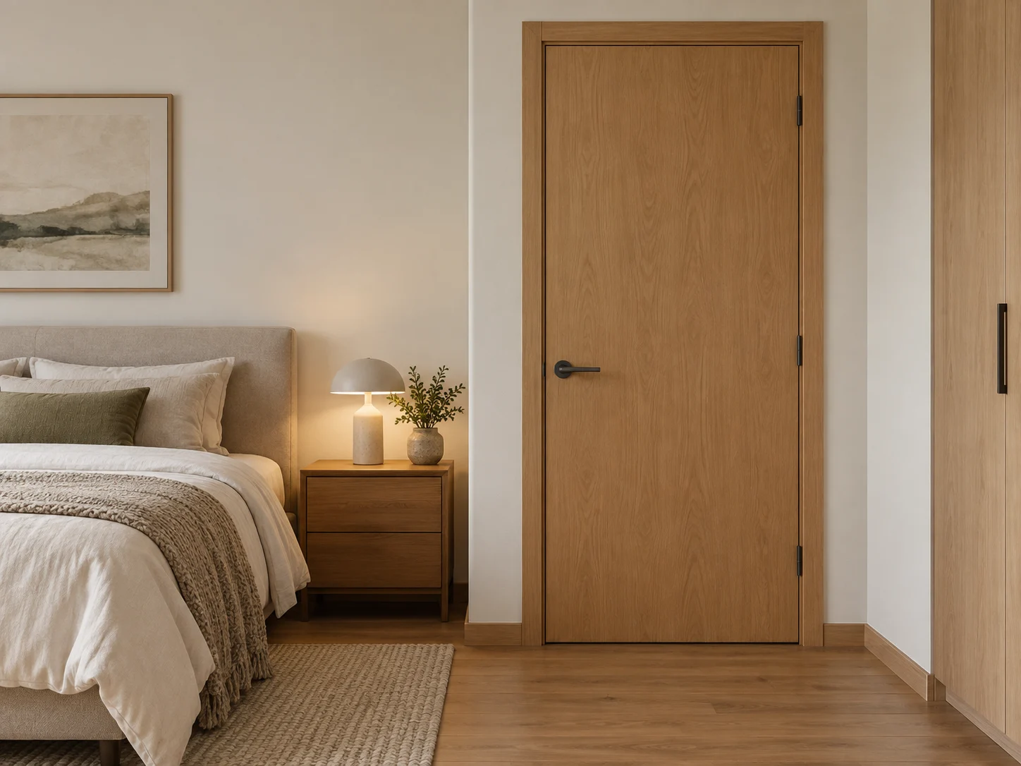 Solid oak door beside an apartment bedroom