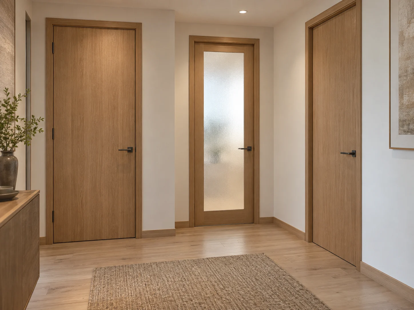 Solid and glazed doors along an apartment interior hall