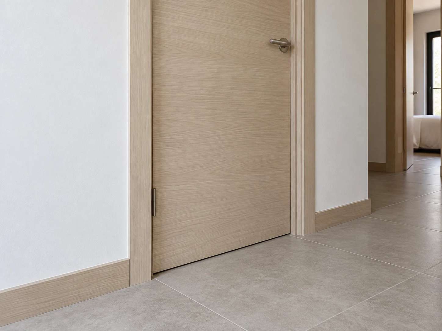 Installed apartment door casing and matching skirting