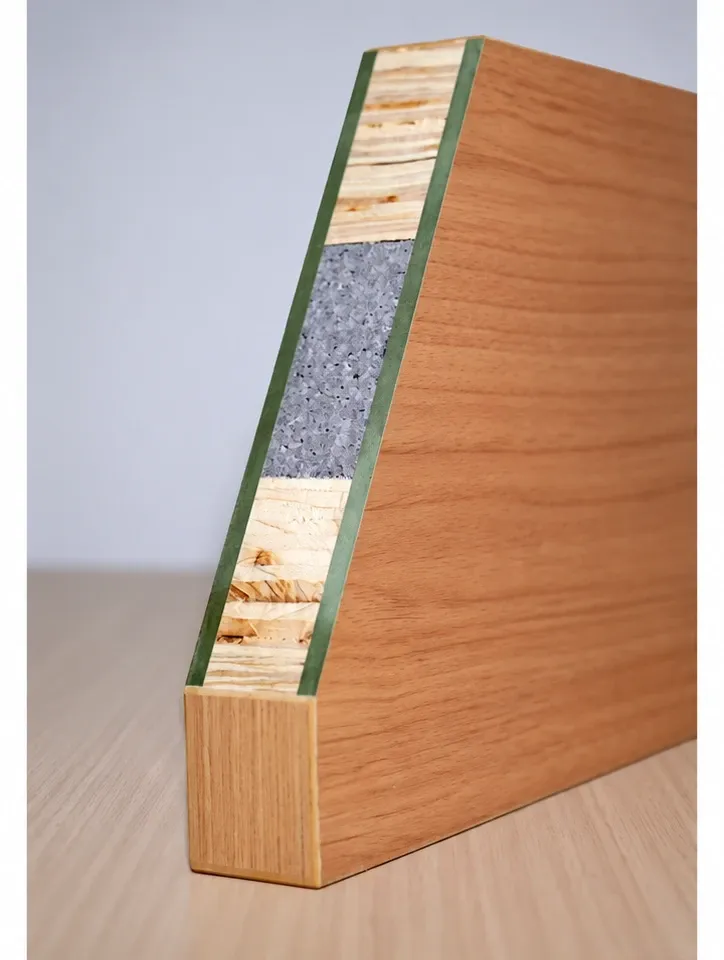 Cross-section combining timber blocks and grey composite material