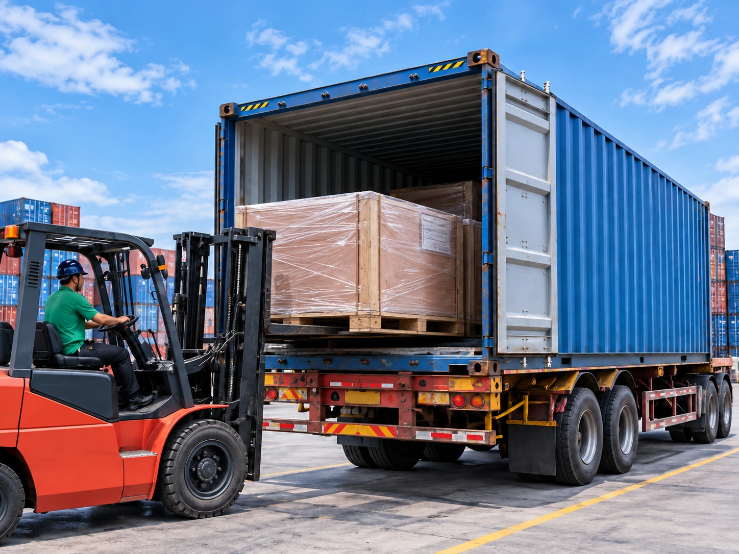 Illustration of protected door packages arranged for container loading