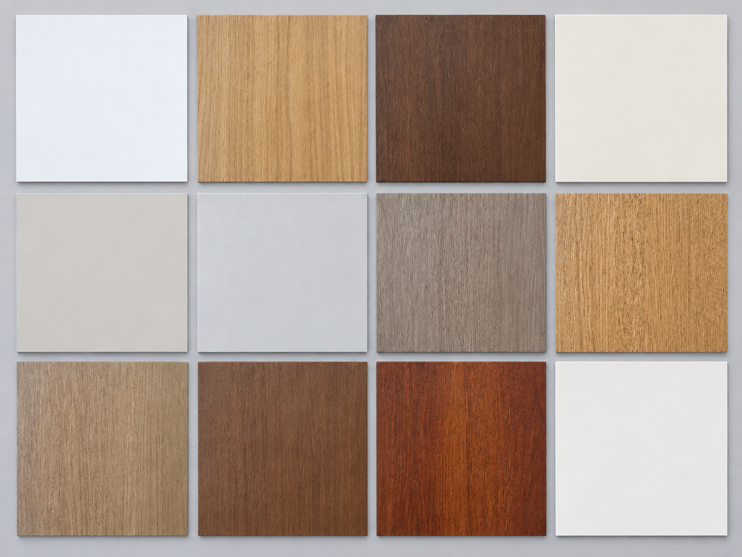Melamine finish samples in woodgrain and solid colours