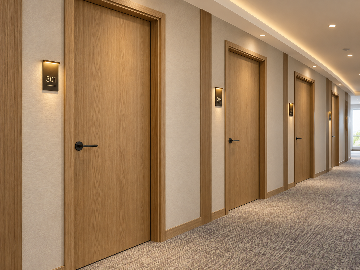 Hotel guestroom corridor with multiple wood doors in a consistent design and finish