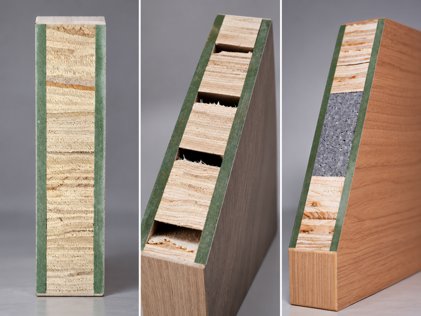 Three door core cross-sections: full timber filling, partial timber filling and graphene-enhanced composite with timber