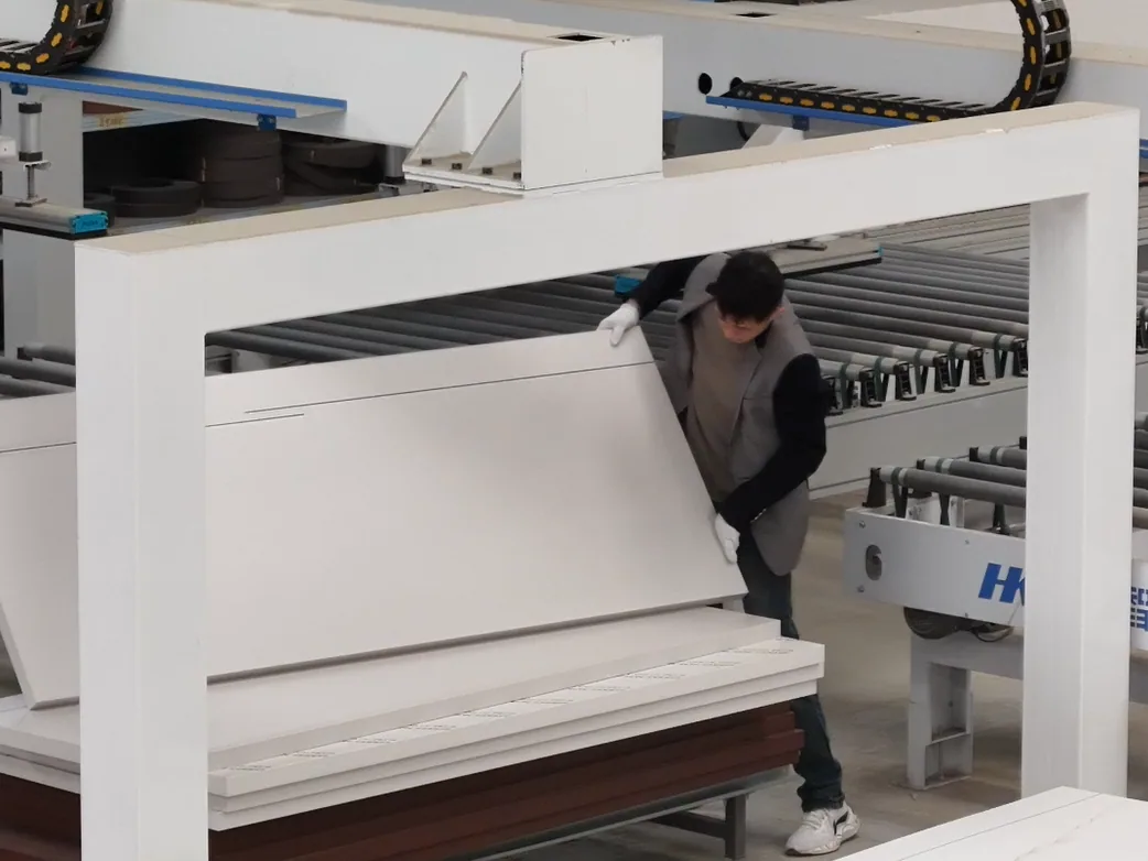 Door panels being handled on the production line