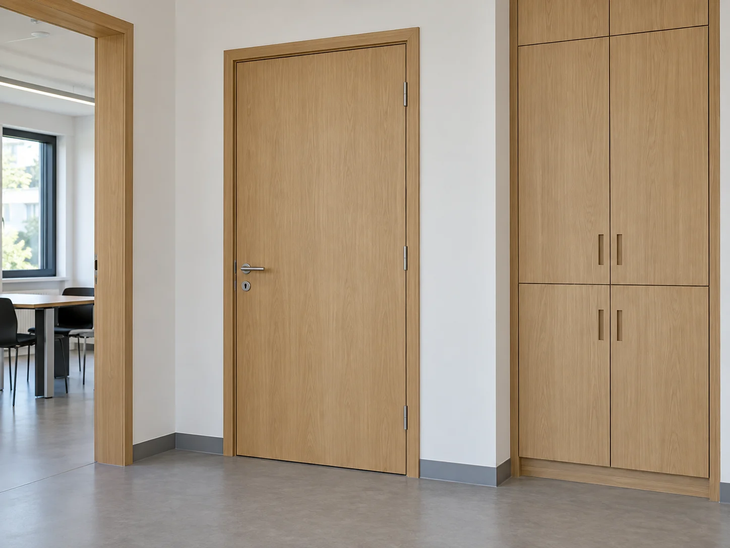 School door and frame coordinated with built-in storage