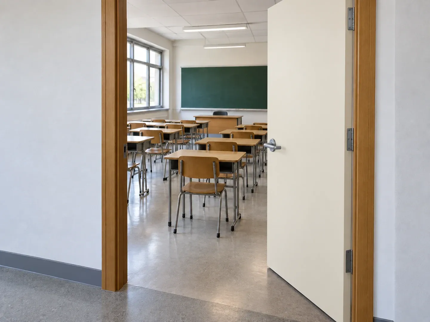 Ivory flush classroom door with a woodgrain frame, desks and chalkboard inside