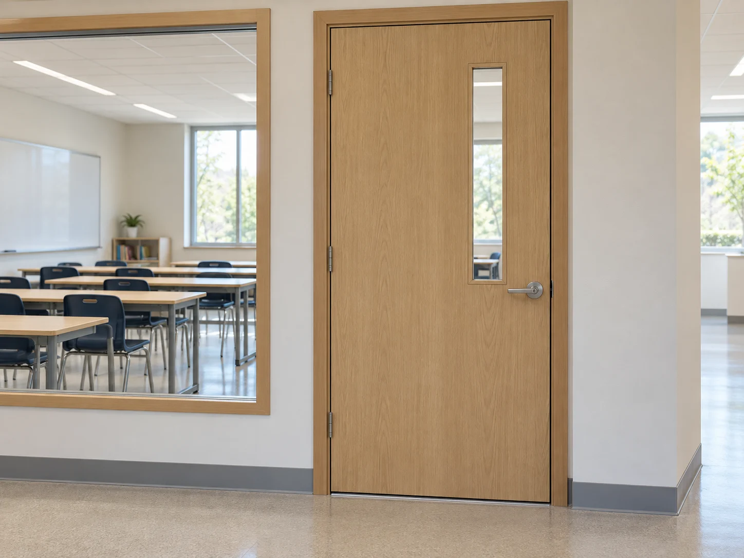 Wood door with a narrow vision panel at a classroom entrance