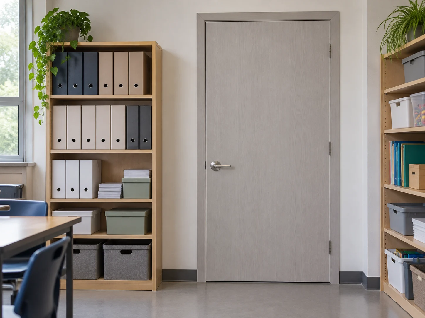 Plain wood door at a school resource-room entrance