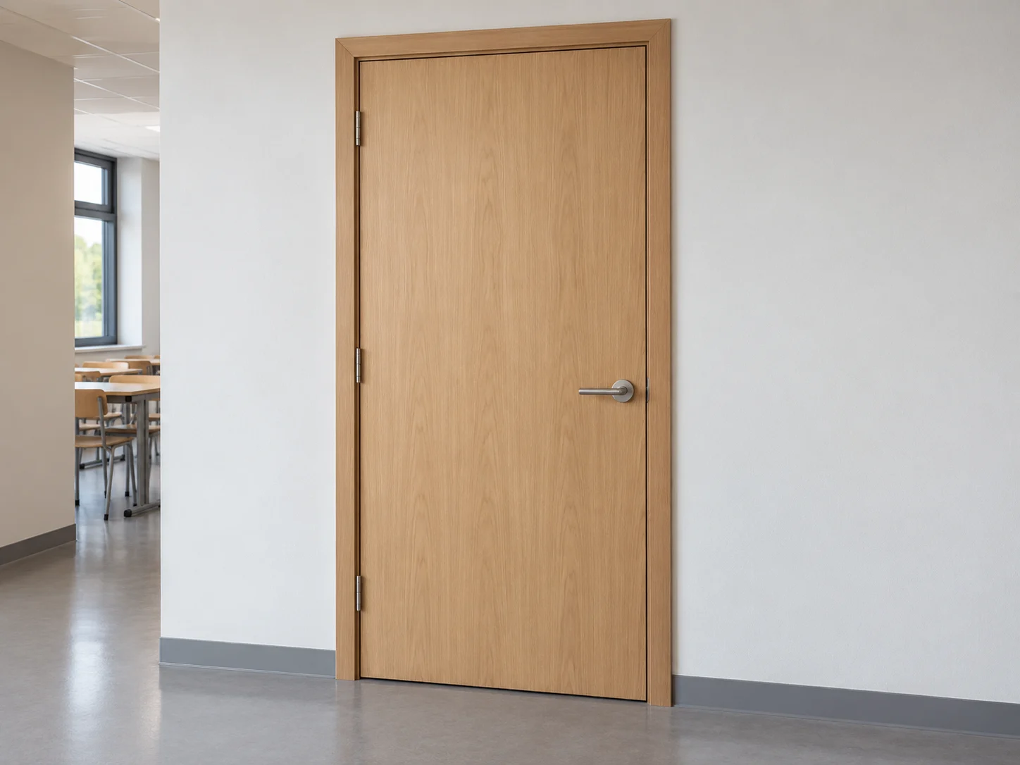 School timber door frame and satin metal lever