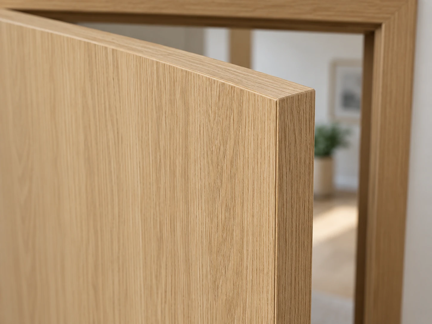 Close view of a light oak-finish door corner and matching edge band