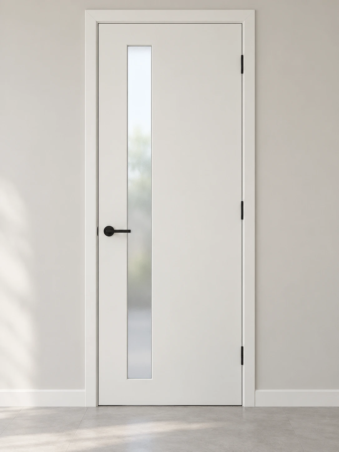 Front view showing the full frosted glass-panel layout and matching door frame