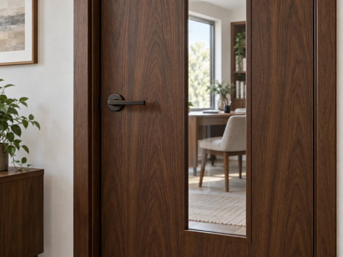Dark walnut-finish interior door with a clear glass panel revealing an adjoining room
