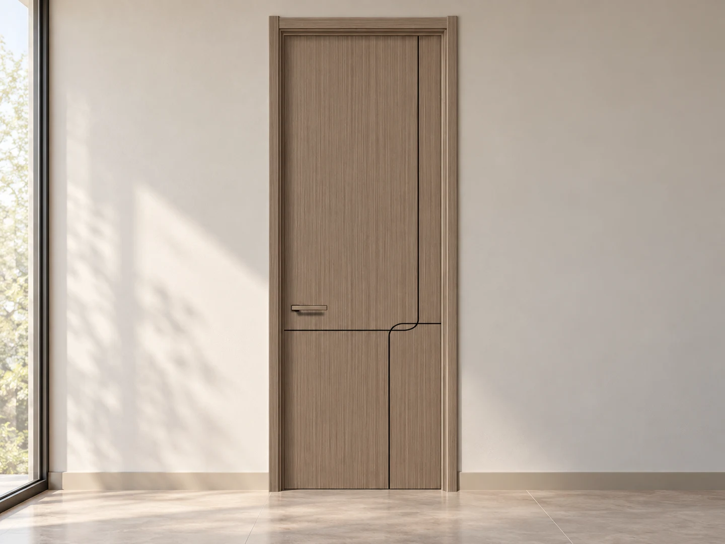 Full view of a woodgrain door with curved routed line detailing