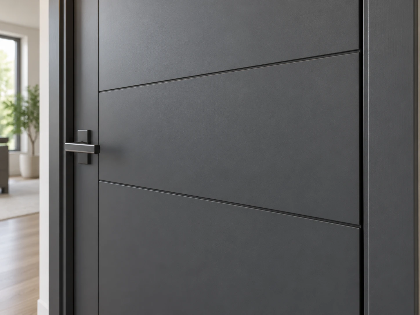 Oblique view of shallow horizontal routed lines on a dark grey door face