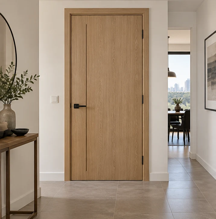 Light oak door with a routed vertical line in an apartment interior
