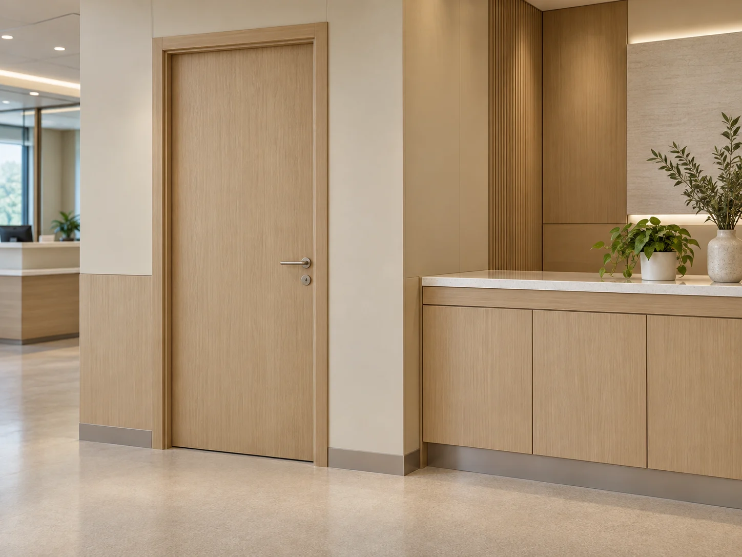 Administrative wood door coordinated with neutral wall finishes