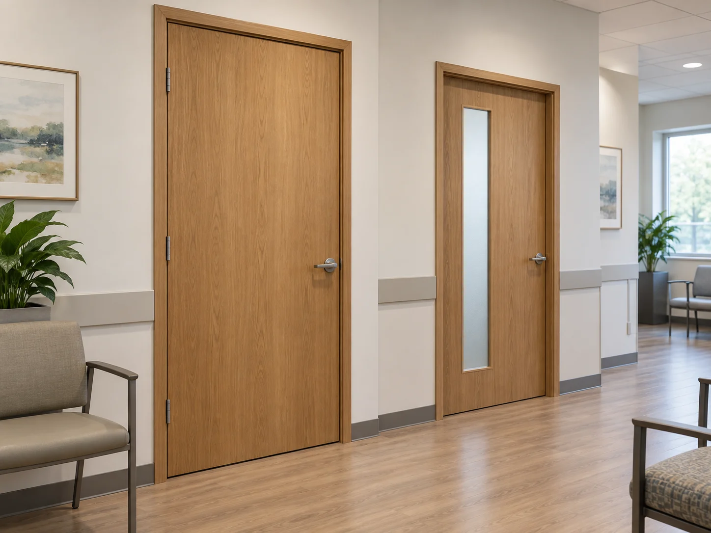 Wood consultation and administrative doors beside waiting chairs