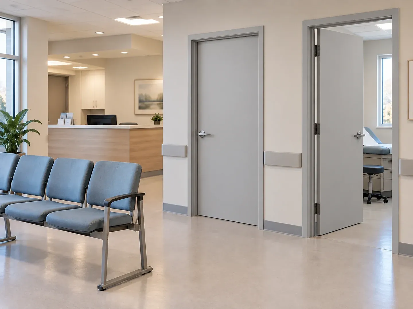 Plain light-grey consultation-room doors beside clinic waiting chairs and reception