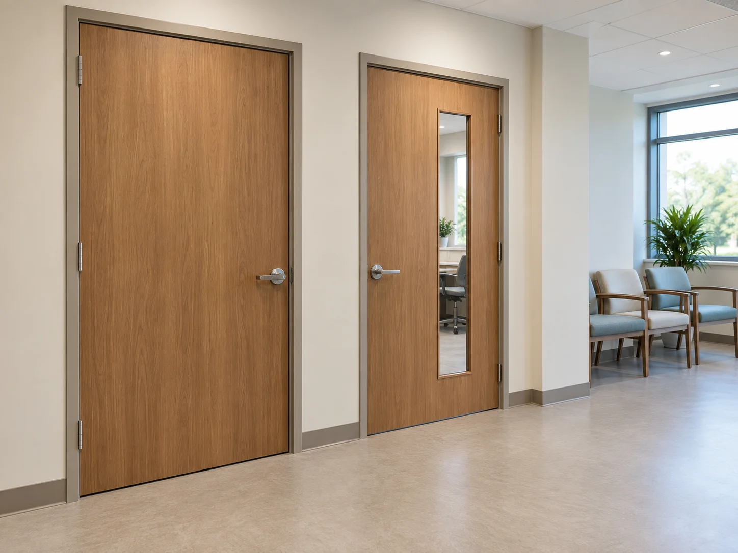 Solid and vision-panel doors in a healthcare administrative passage