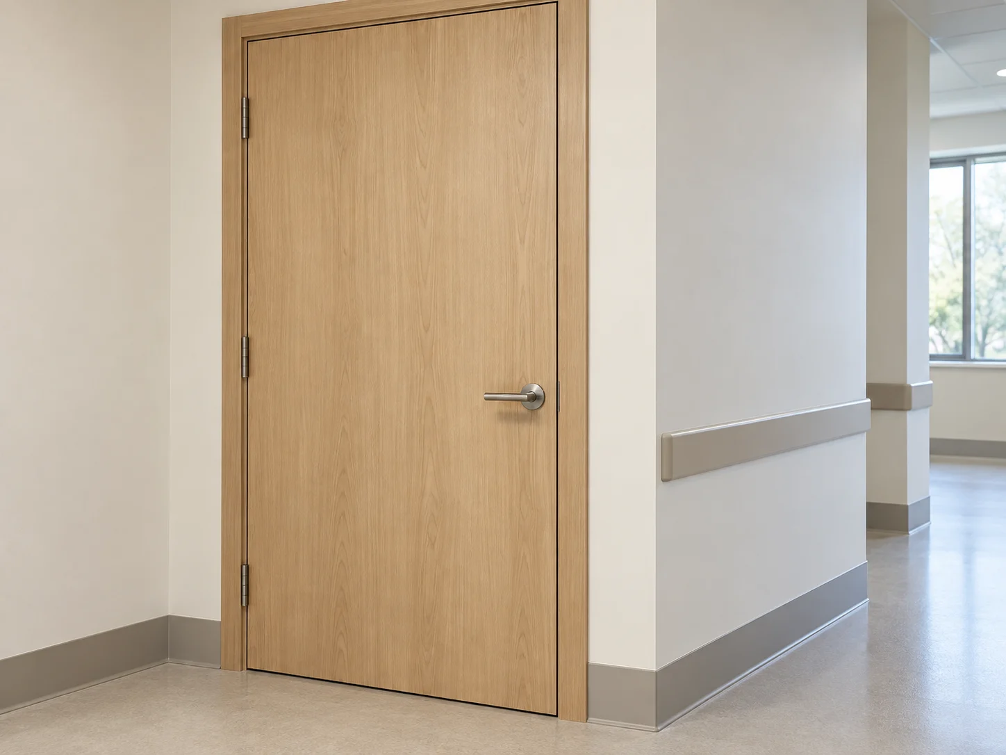 Wood door frame and metal lever adjoining a finished wall
