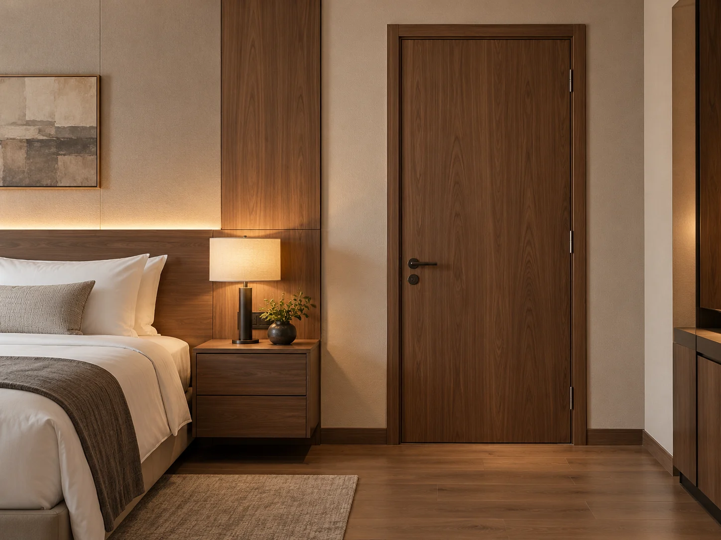 Guestroom wood door coordinated with headboard and cabinet finishes