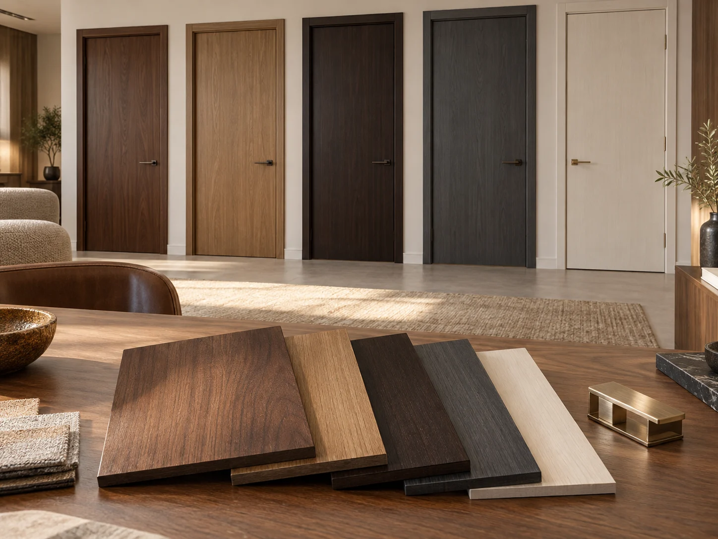 Walnut and neutral finish samples beside a brass hardware sample