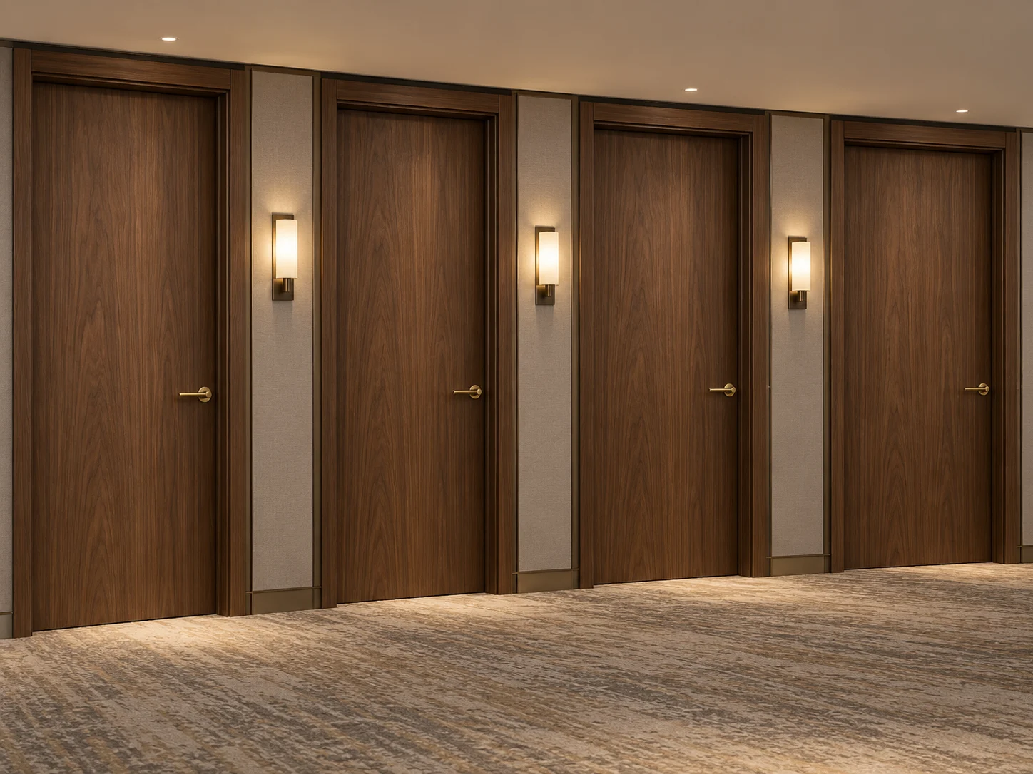 Repeated walnut wood doors along a hotel corridor