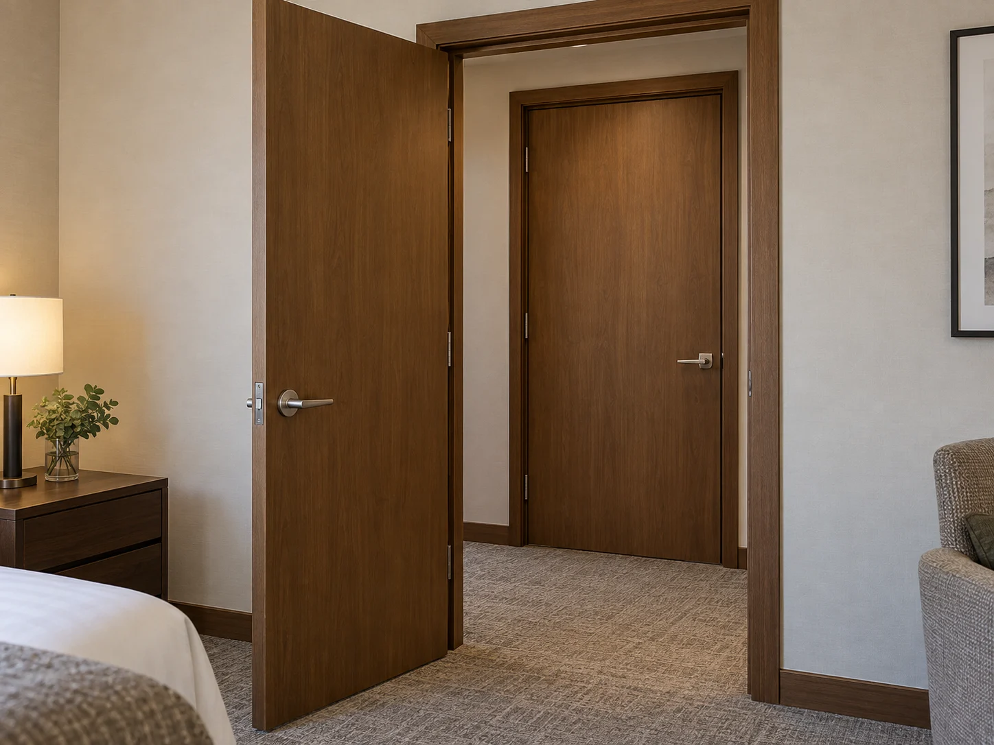 Two separate connecting door leaves between hotel rooms