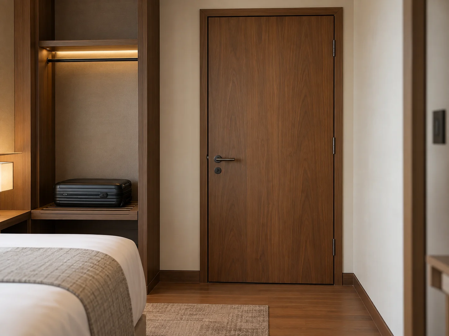 Walnut guestroom entrance door beside a luggage shelf