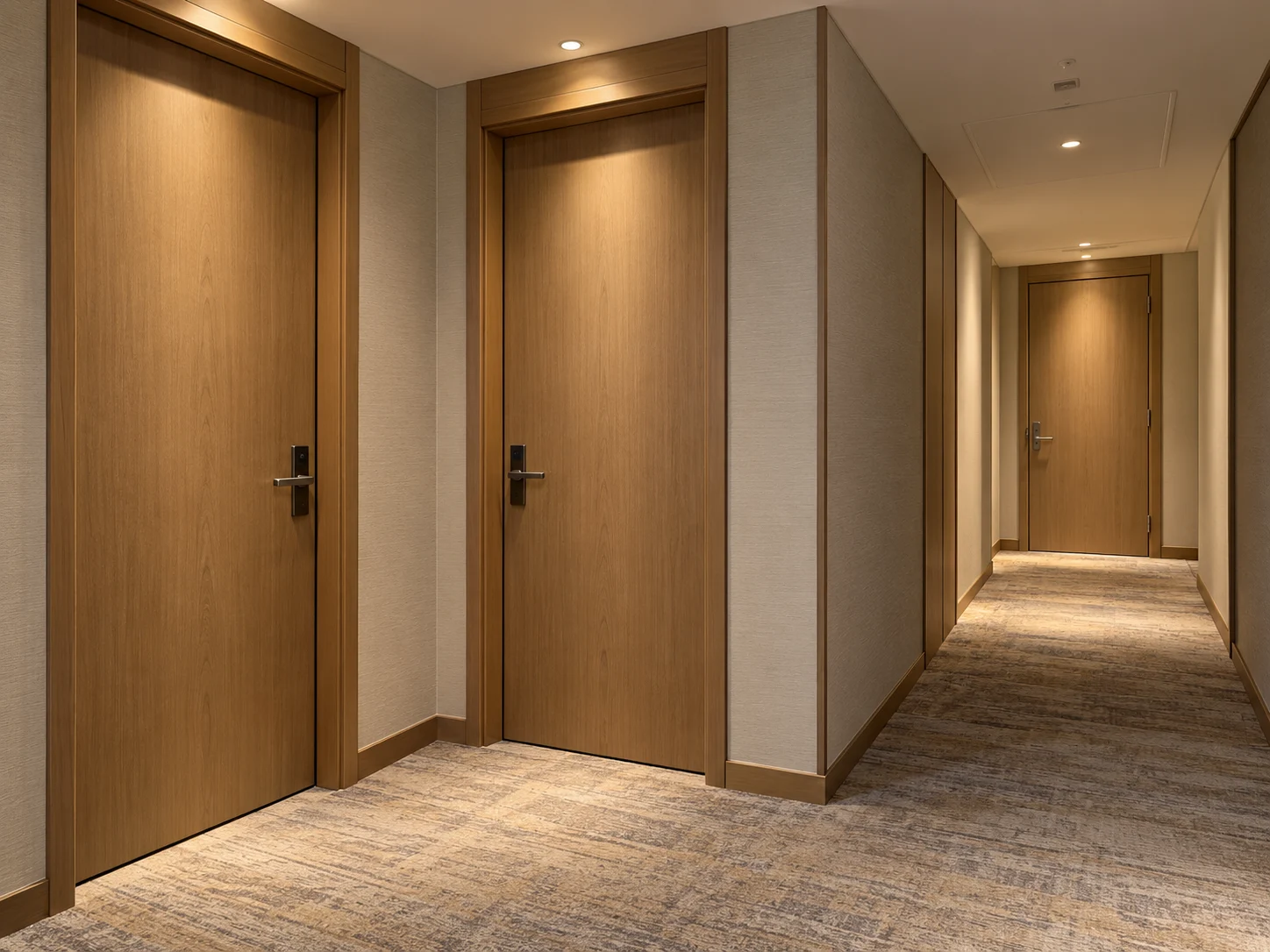 Guestroom and staff-room doors at a hotel corridor junction