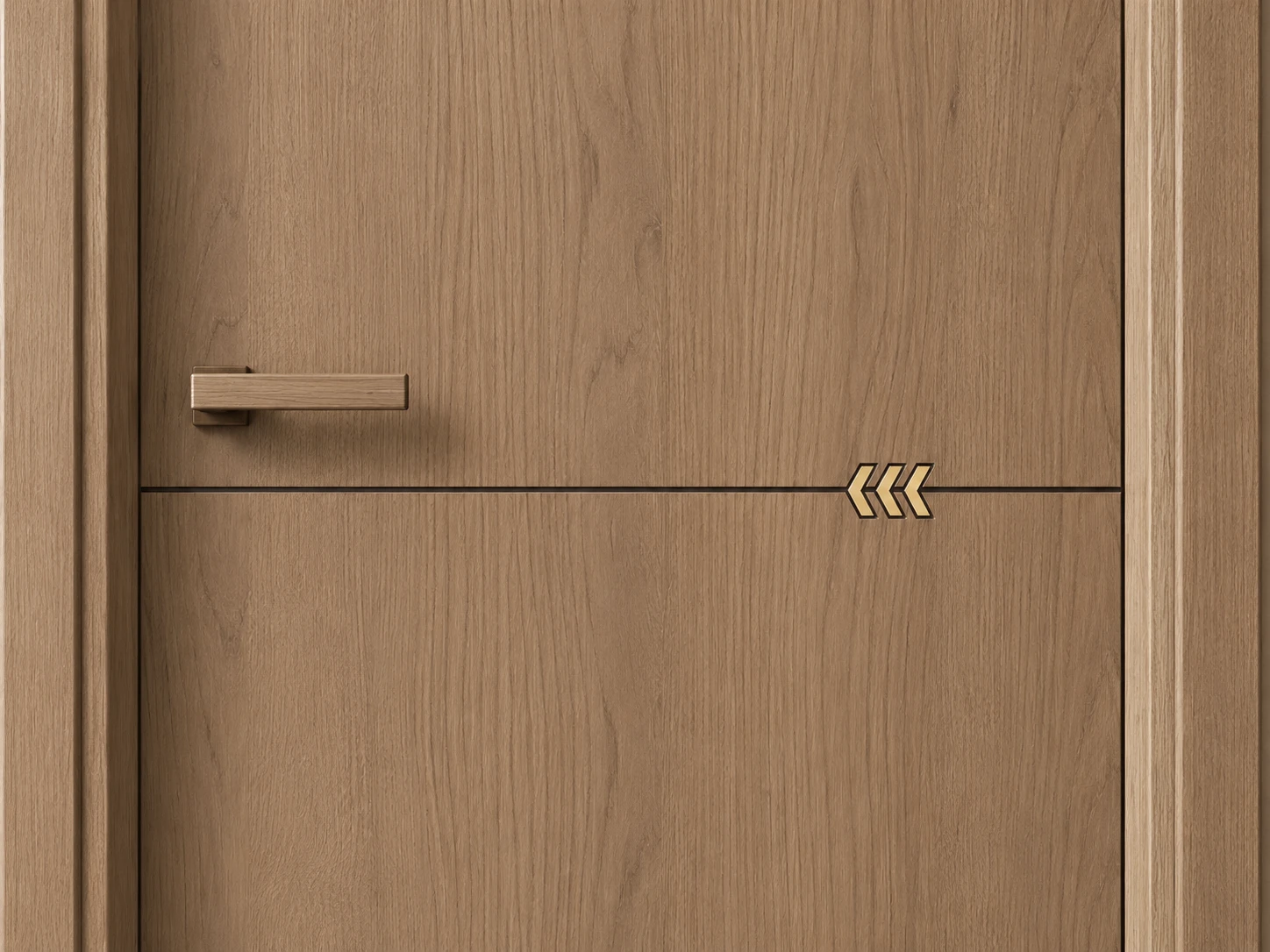 Close view of an oak-finish door with a horizontal line and three gold-coloured left-pointing chevron inlays