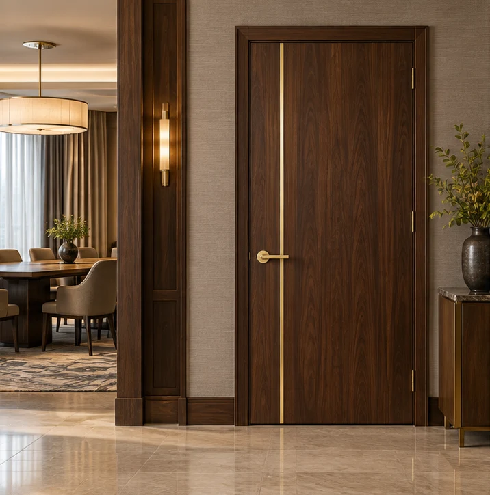 Dark walnut door with a slender gold-coloured inlay at a hotel meeting room