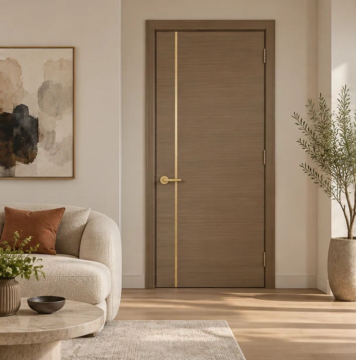 Taupe door with a narrow metal inlay in a residential living area