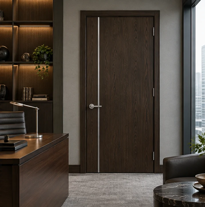 Dark wood door with a slender silver-coloured inlay in an executive office