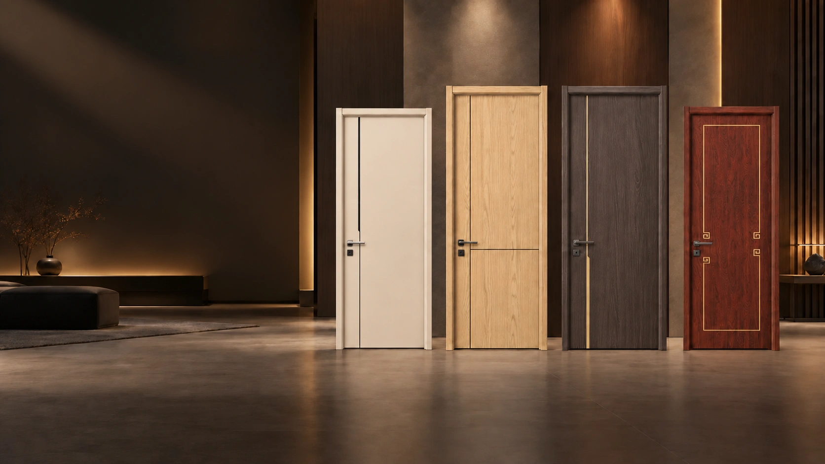 Four Rongfu interior wooden doors displayed in a warm residential setting