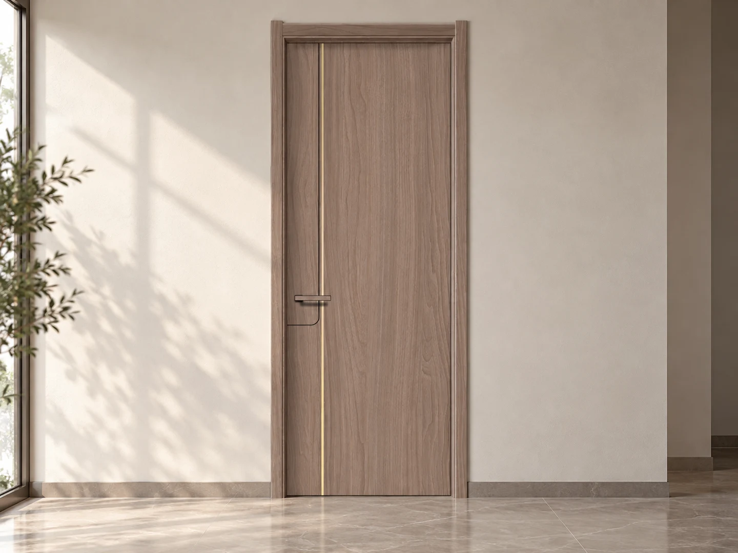 Full view of a woodgrain door with a narrow vertical gold-coloured inlay