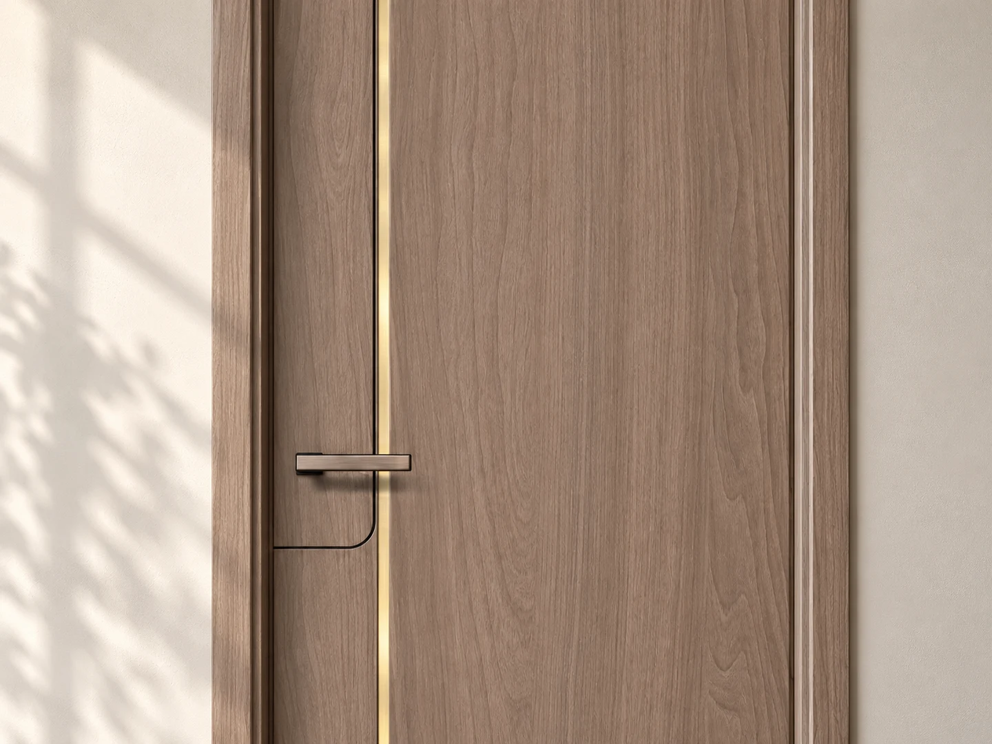 Close view of the vertical gold-coloured inlay beside the door handle