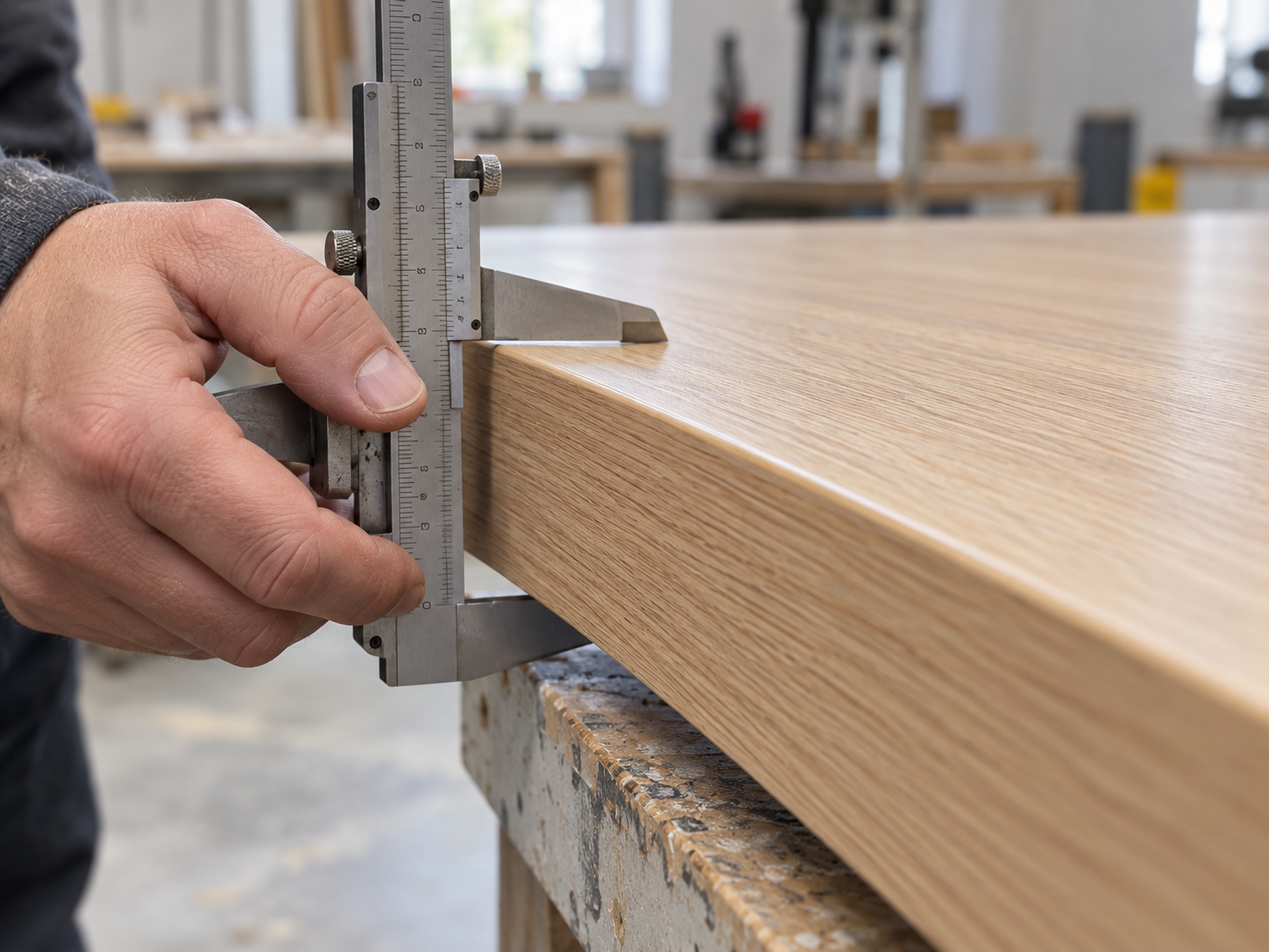 Technician using a vernier caliper to check the thickness of a finished wood door leaf