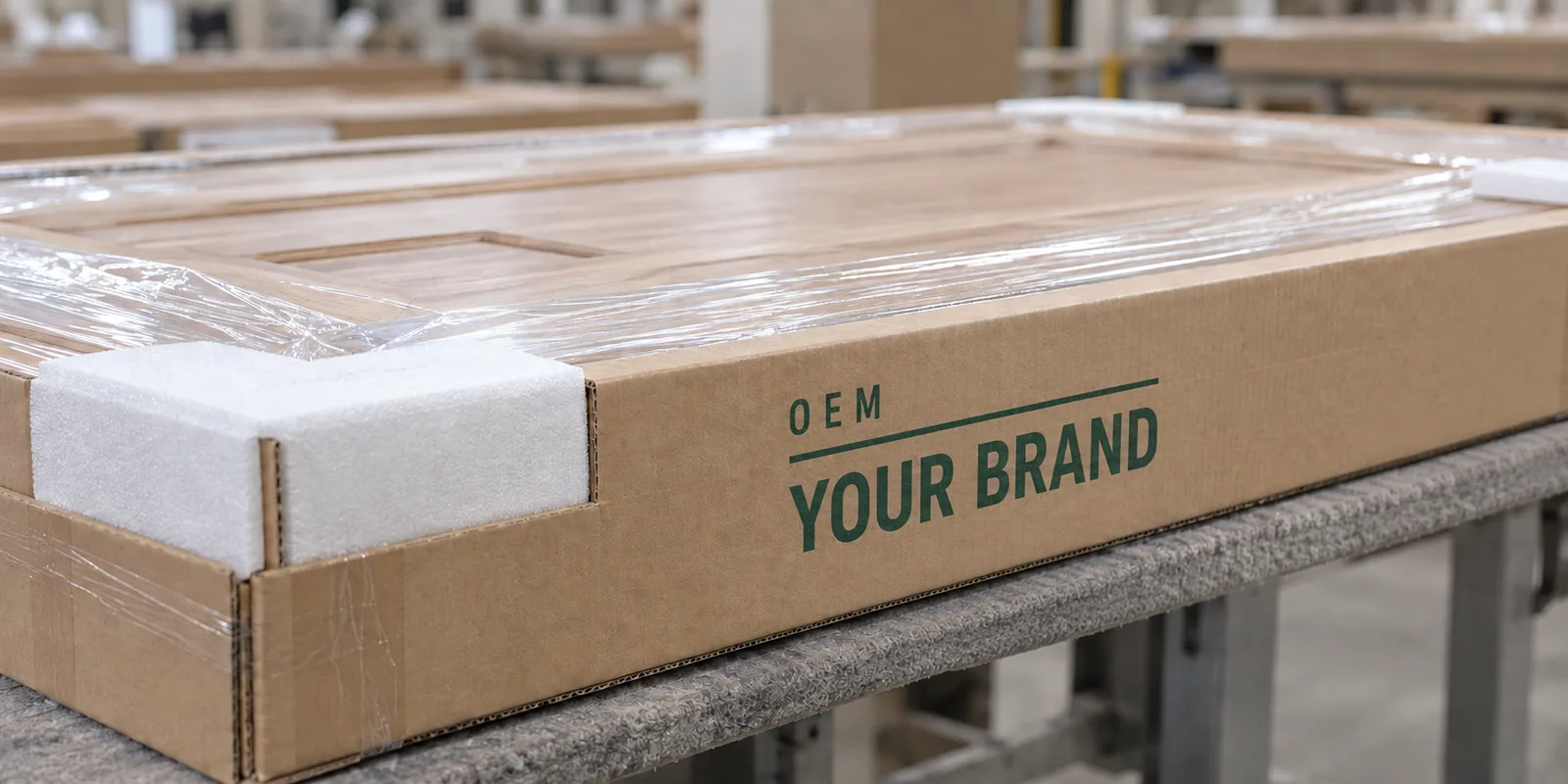 A protected interior wooden door package printed with green OEM and YOUR BRAND artwork