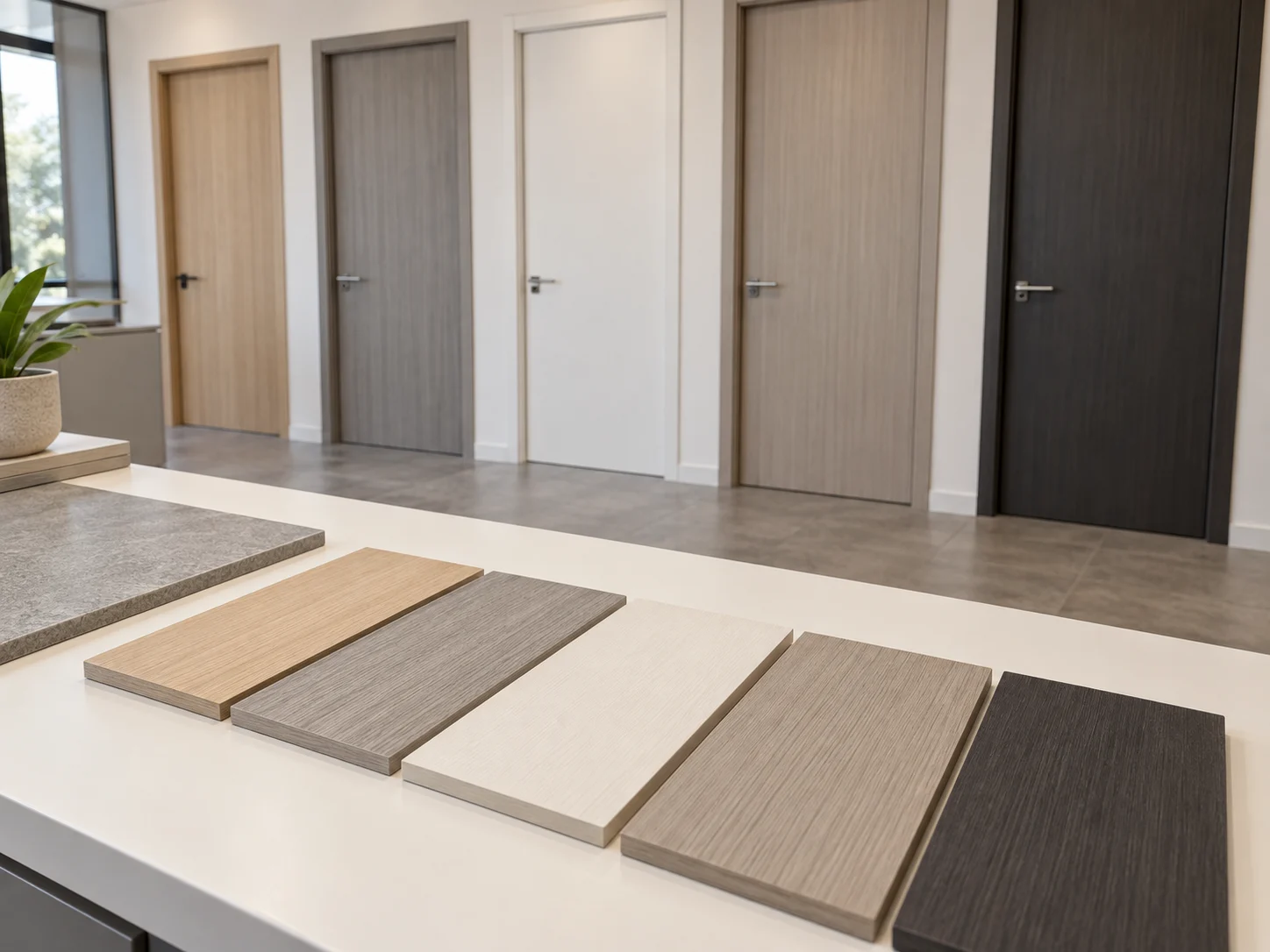 Office finish samples beside a grey flooring sample