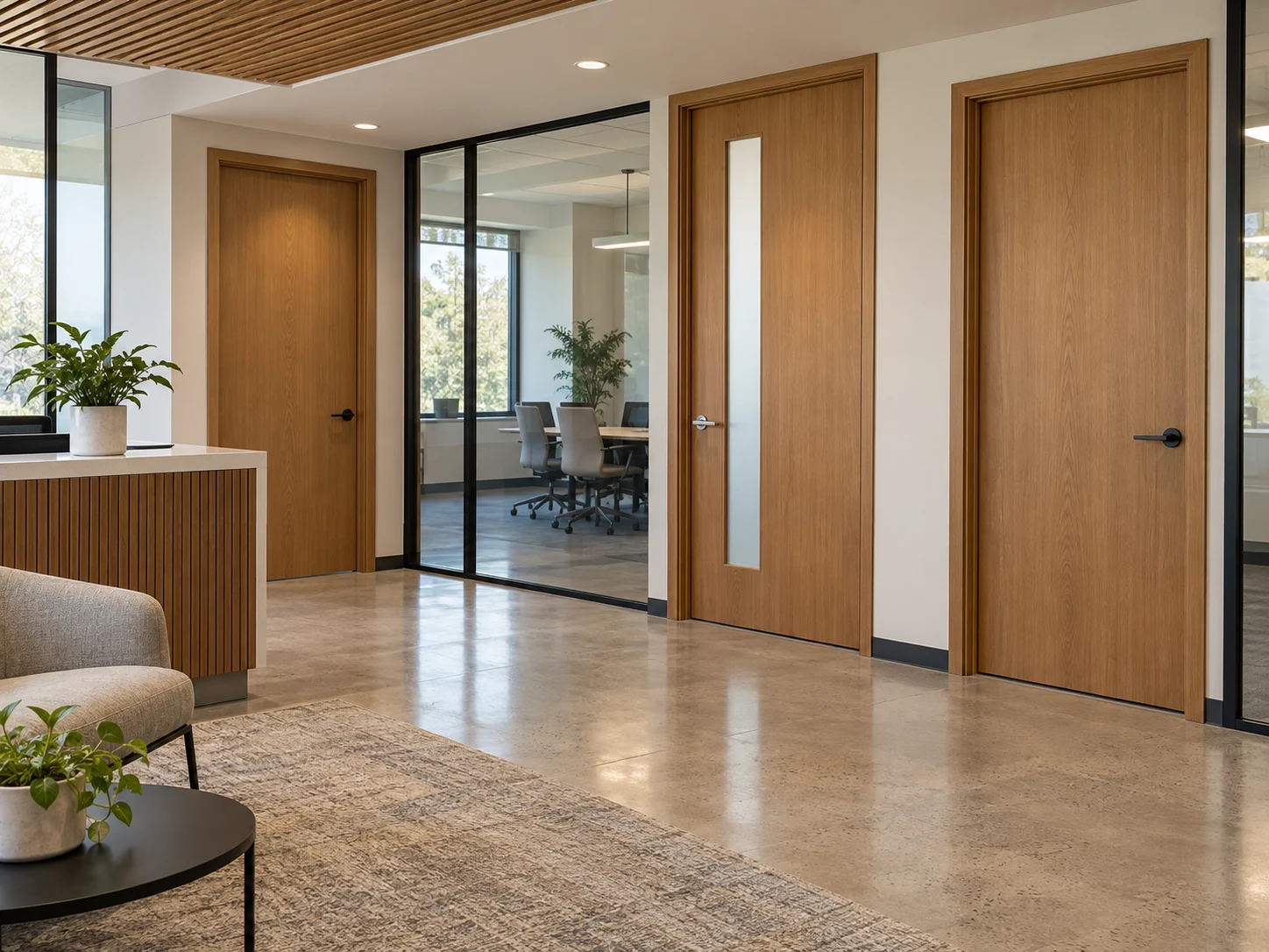 Solid and glazed wood doors in an office reception corridor