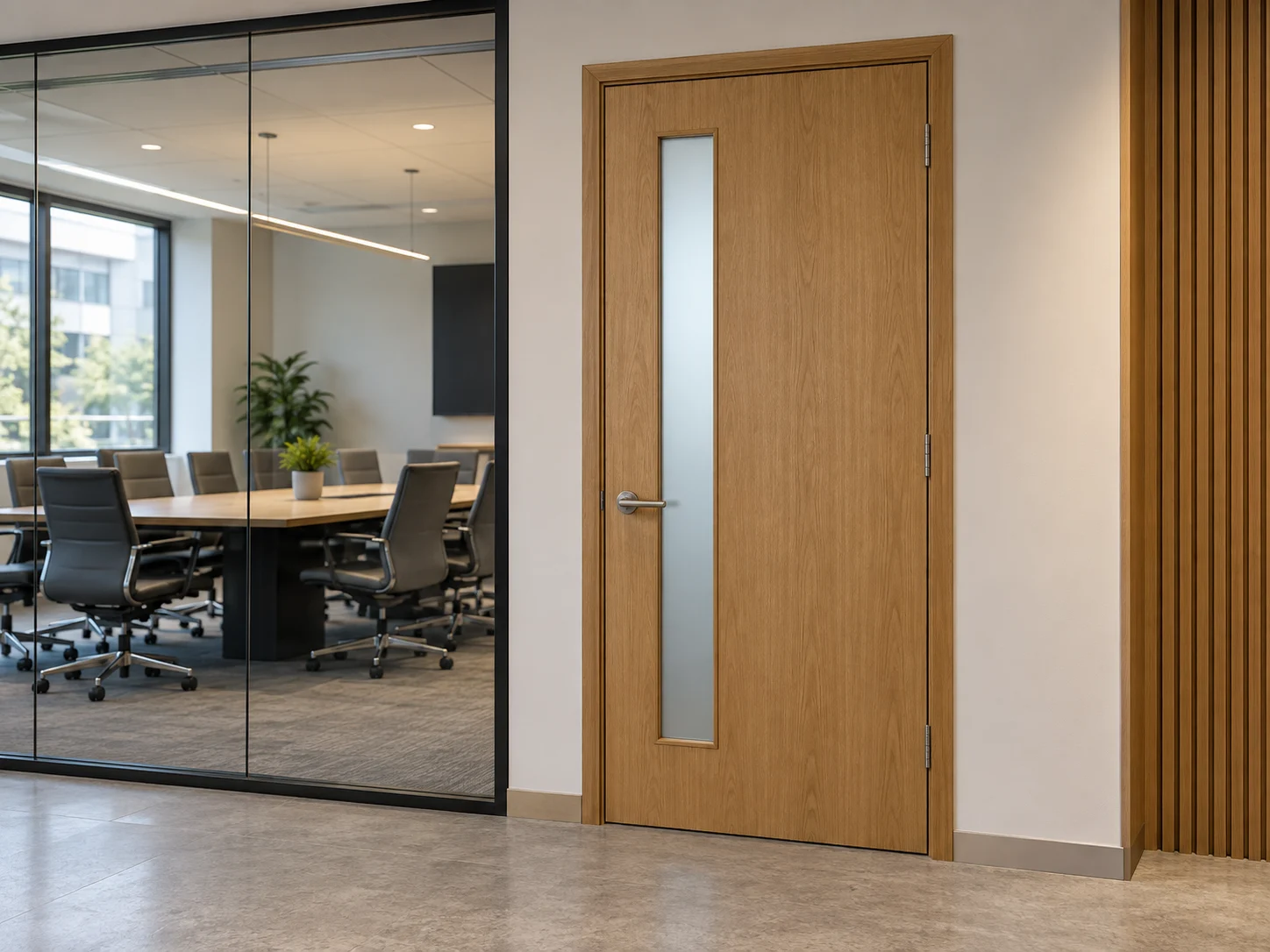Wood door with a vision panel at an office meeting room