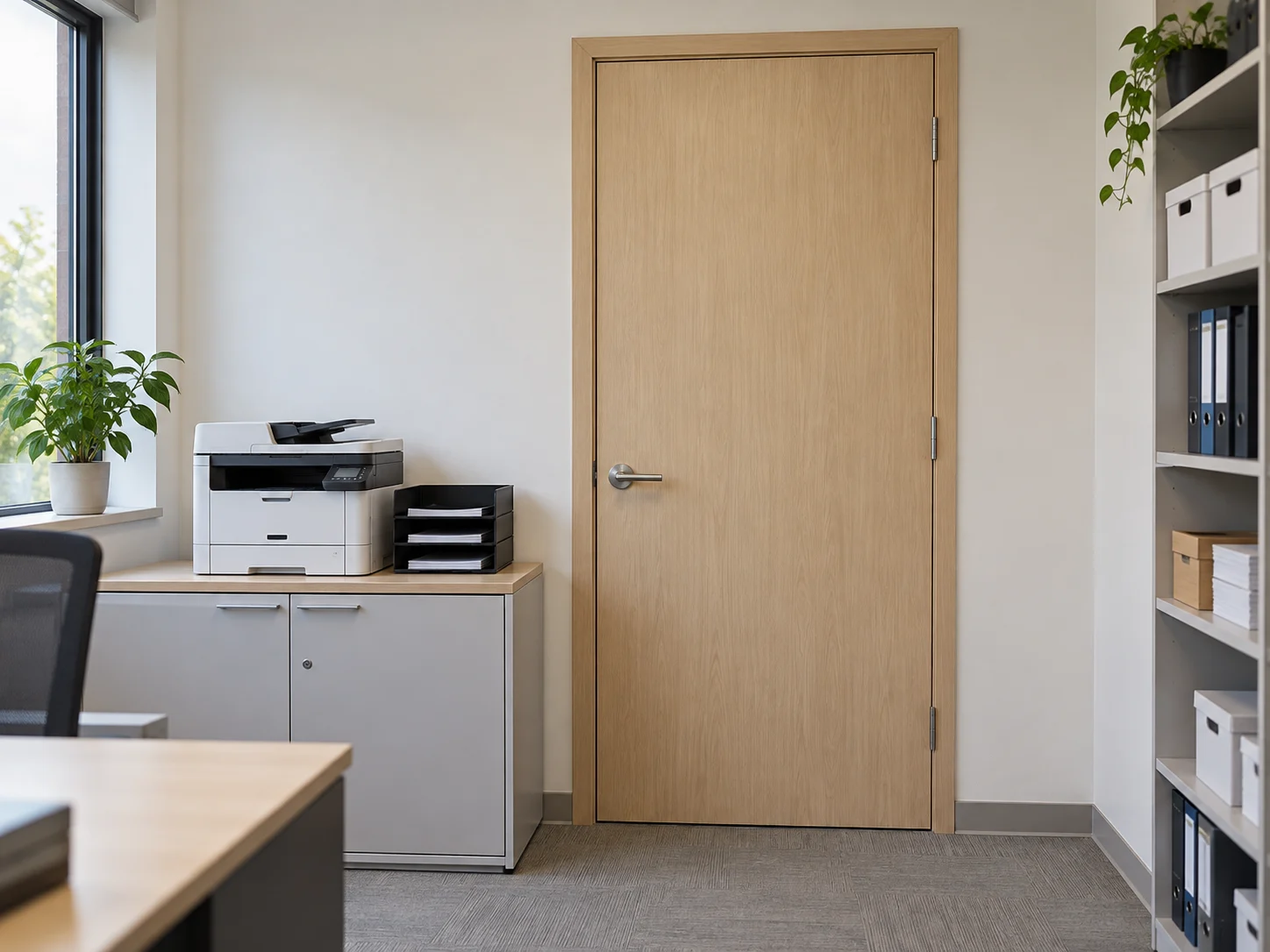 Plain wood door beside office support storage