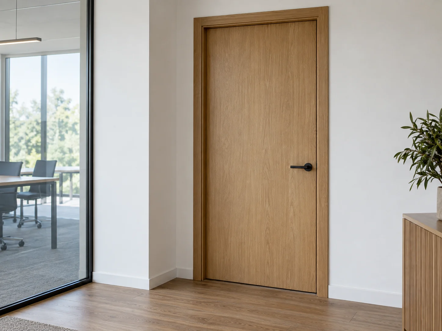 Timber frame meeting a finished office partition