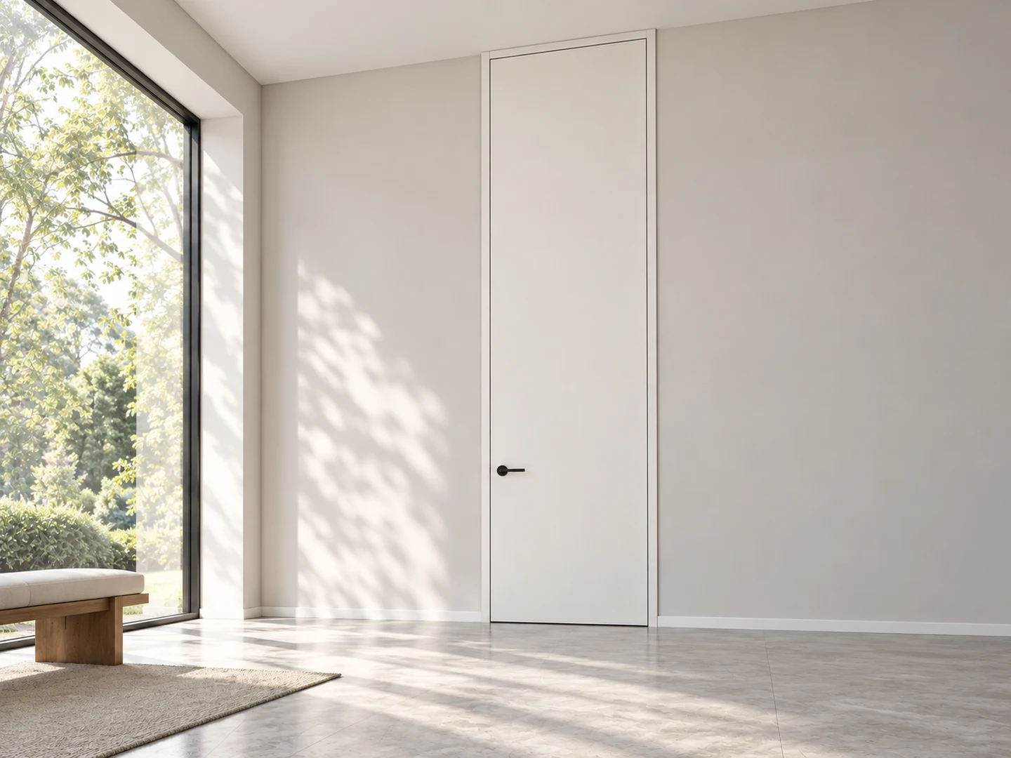Added-height plain door with its full frame visible beside a low bench